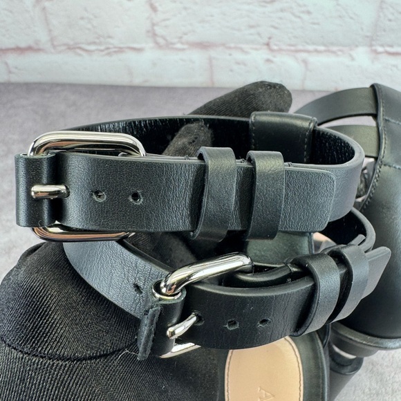 Alexander McQueen Black Leather Trompe L’oeil Wedge Strappy Sandals 8.5 - Picture 6 of 16